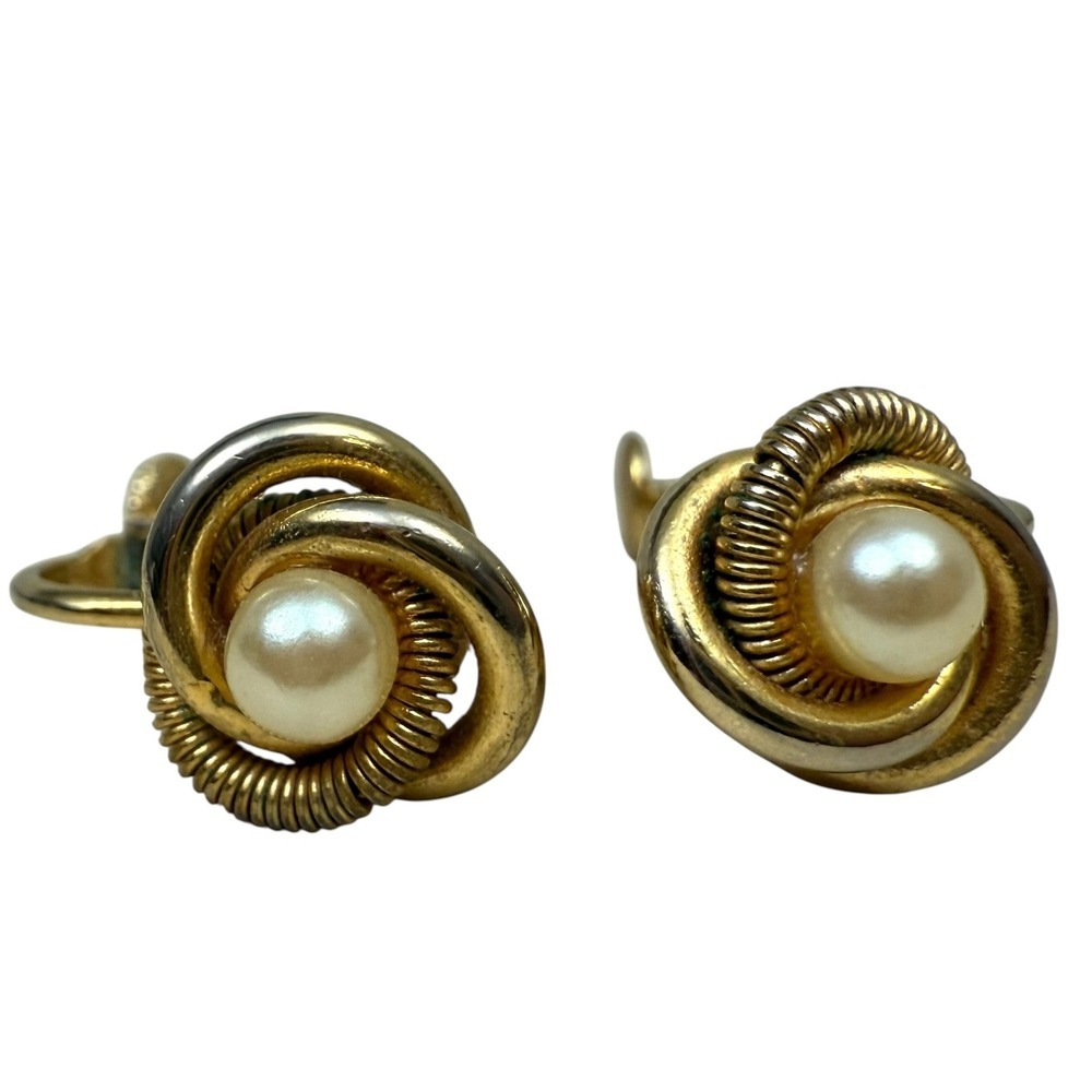 VTG Faux Pearl Knot Design Earrings Gold Tone Adjustable Twist Clip On Jewelry